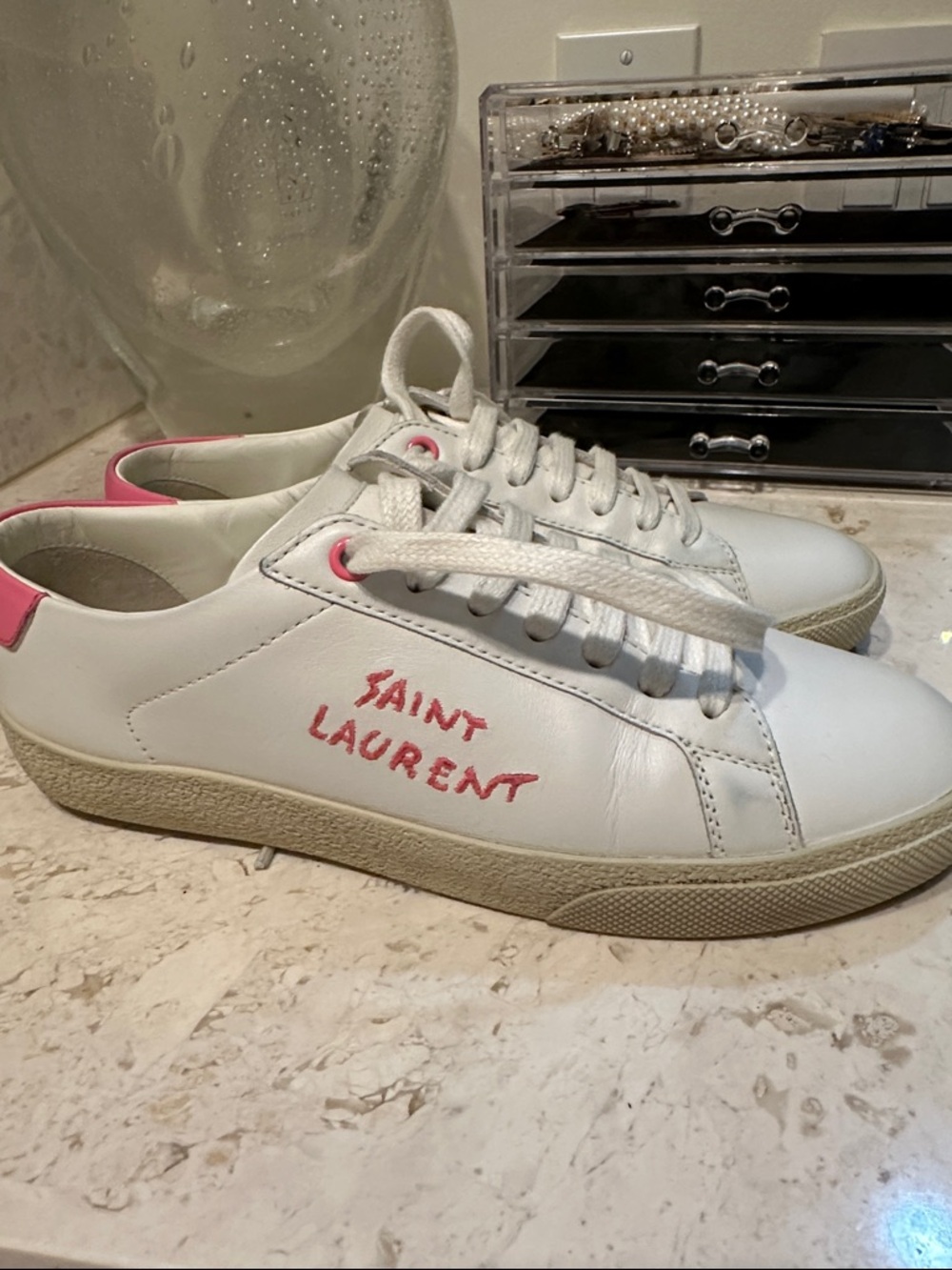 Saint Laurent White Leather Low-Top Sneakers with Pink Accents